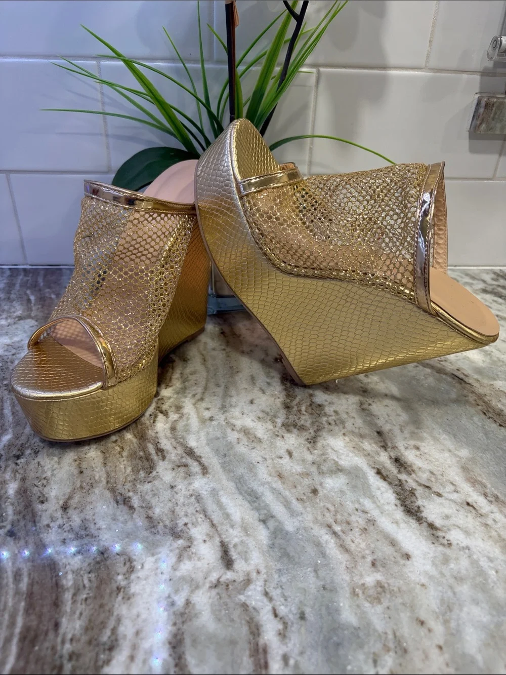 Gold Wedge Sandals - Party, costume, festival, Metallic Slides size 7